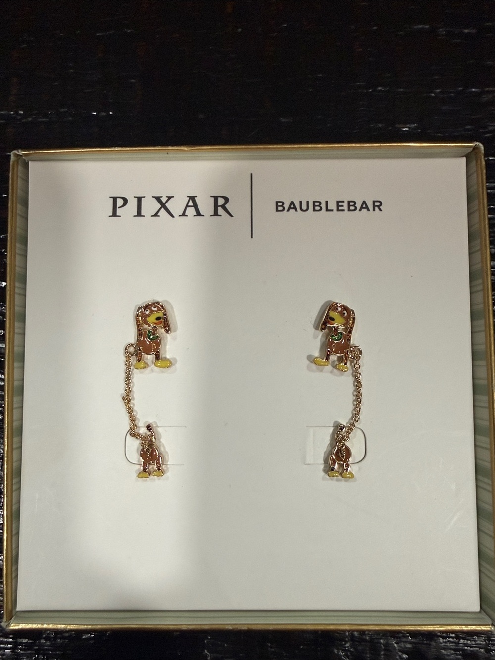BaubleBar Brown and Gold Dachshund Drop Chain Earrings